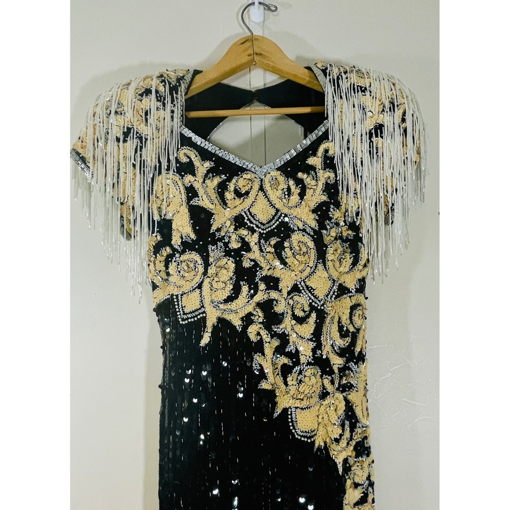 Gatsby Art Deco 80s Glam Black Gold Sequin Fringe Silk Gown Nite Line SZ 6 - Picture 4 of 10